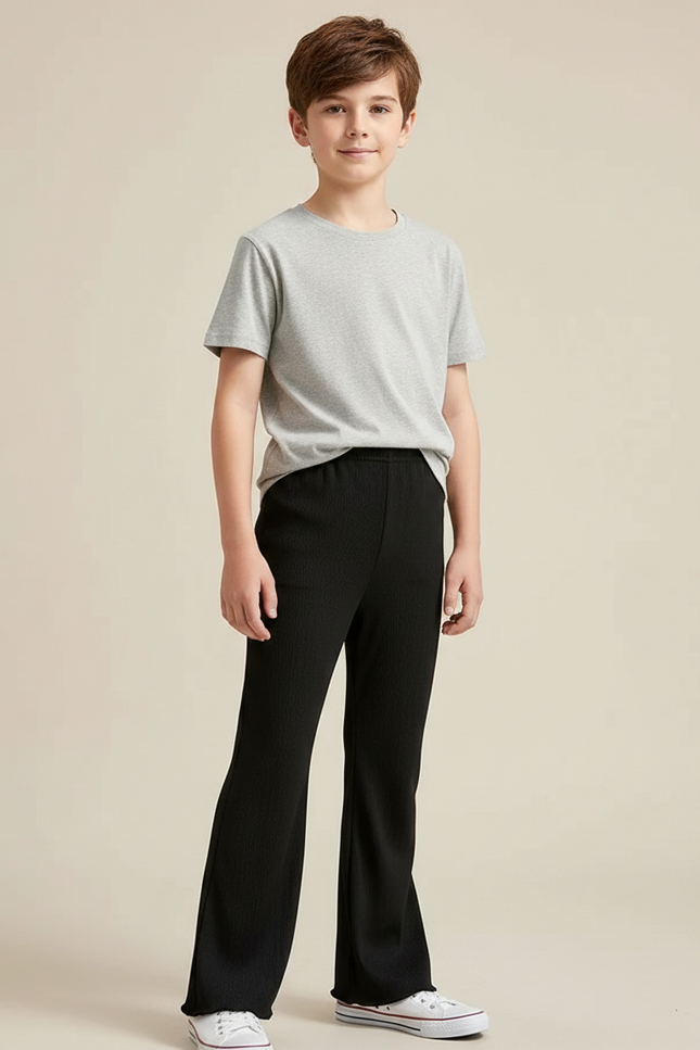 Pantalon Patte D'Éléphant Noir Côtelé Élastique Confortable Fille - Maille