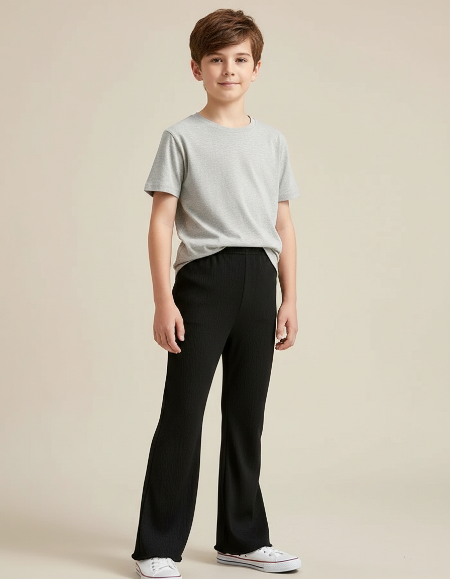 Pantalon Patte D'Éléphant Noir Côtelé Élastique Confortable Fille - Maille