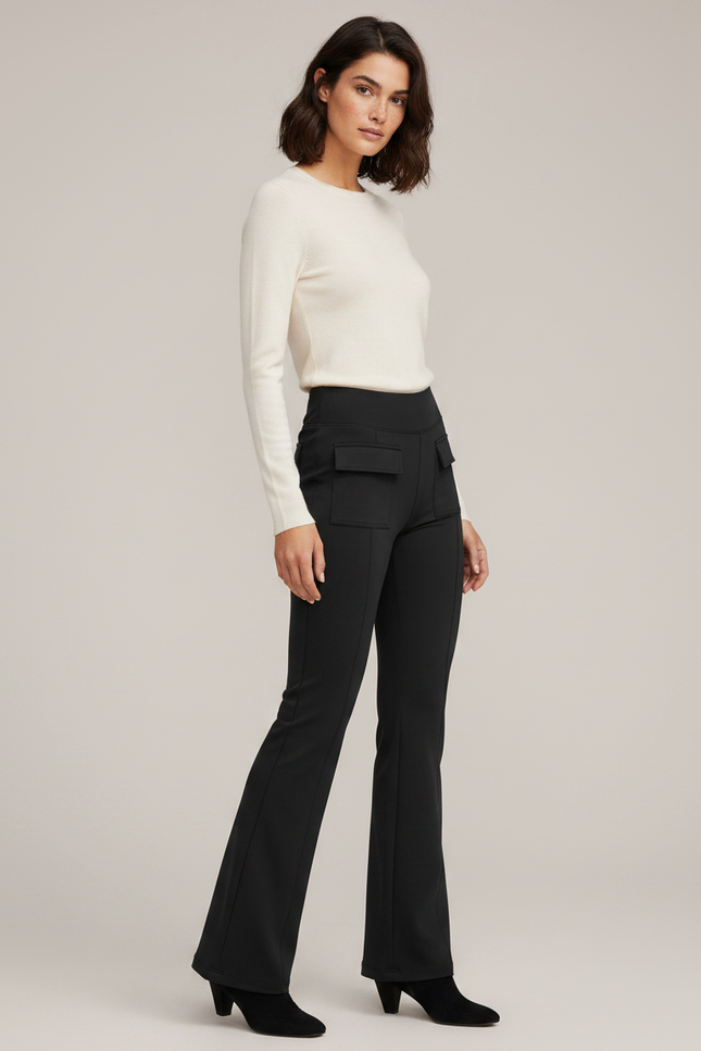 Pantalon Patte D'Éléphant Noir Taille Haute Poches Élégant - Polyester