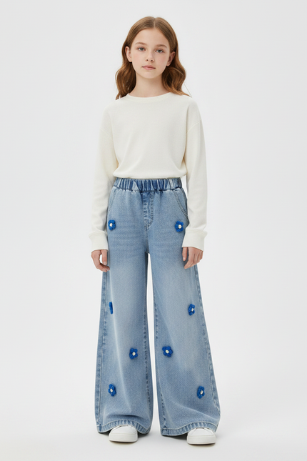 Pantalon Patte D'Éléphant Bleu Ample Floral Fille Denim - Jean