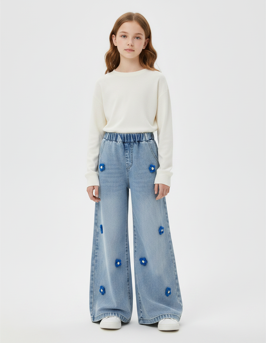 Pantalon Patte D'Éléphant Bleu Ample Floral Fille Denim - Jean