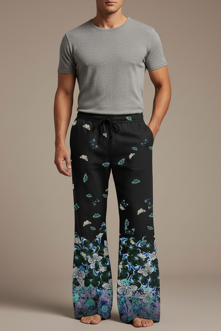 Pantalon Patte D'Éléphant Noir Papillons Floraux Ample Homme - Lin