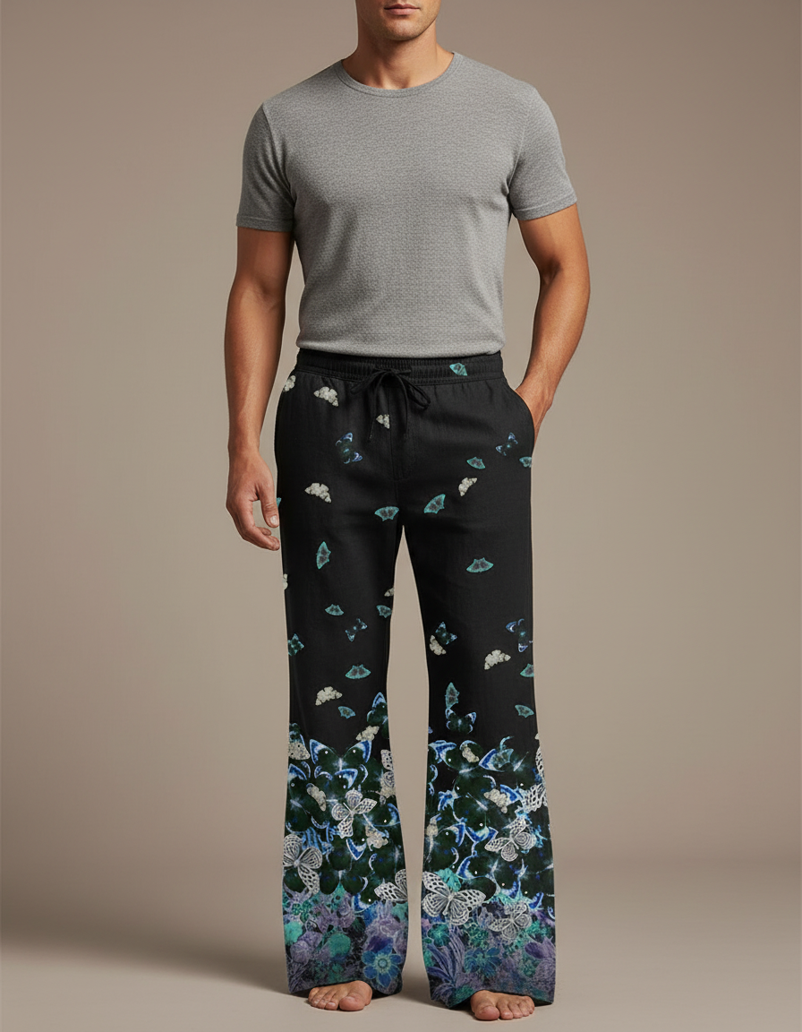 Pantalon Patte D'Éléphant Noir Papillons Floraux Ample Homme - Lin