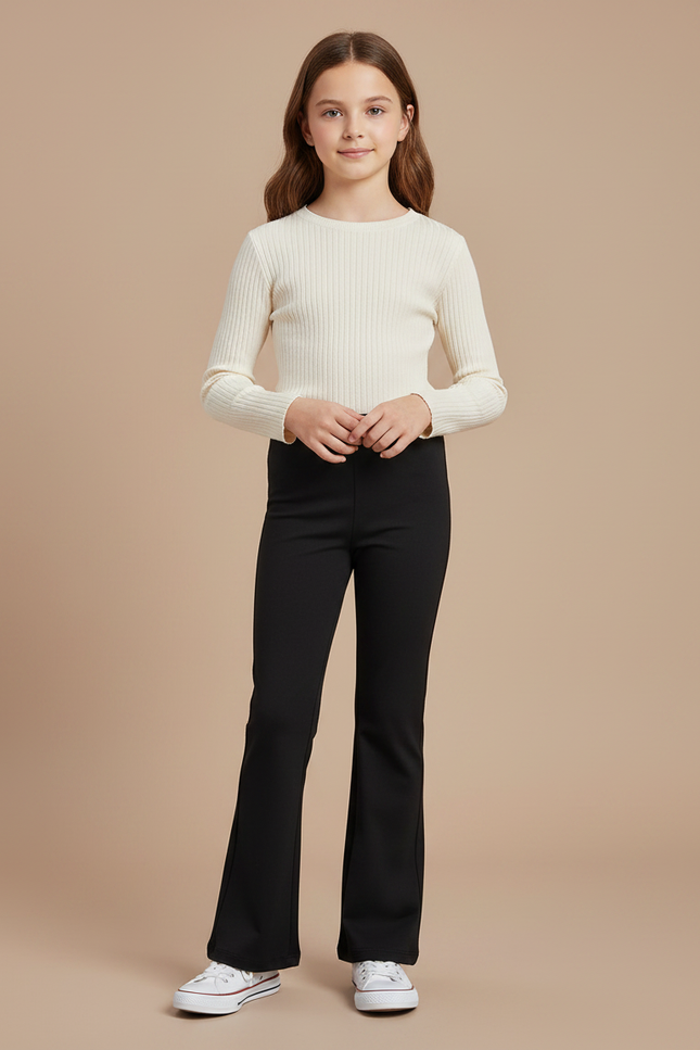 Pantalon Patte D'Éléphant Noir Uni Ajusté Fille - Maille