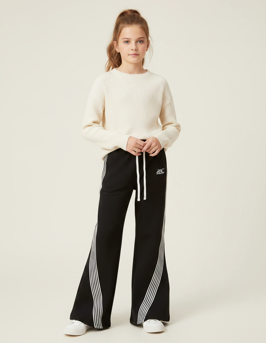 Pantalon Patte D'Éléphant Noir Bandes Blanches Sport Fille - Molleton