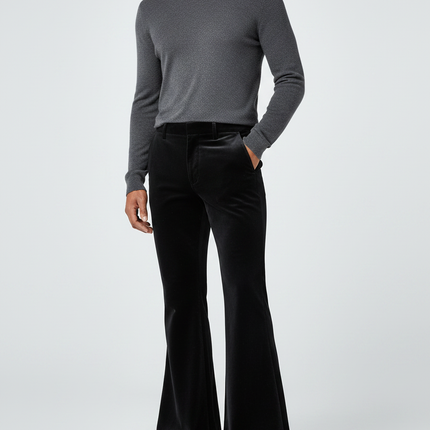 Pantalon Patte D'Éléphant Noir Velours Évasé Disco Homme