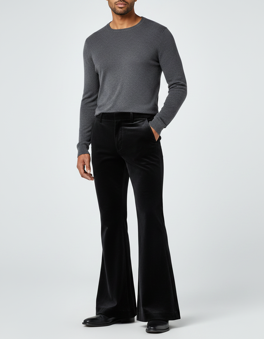 Pantalon Patte D'Éléphant Noir Velours Évasé Disco Homme