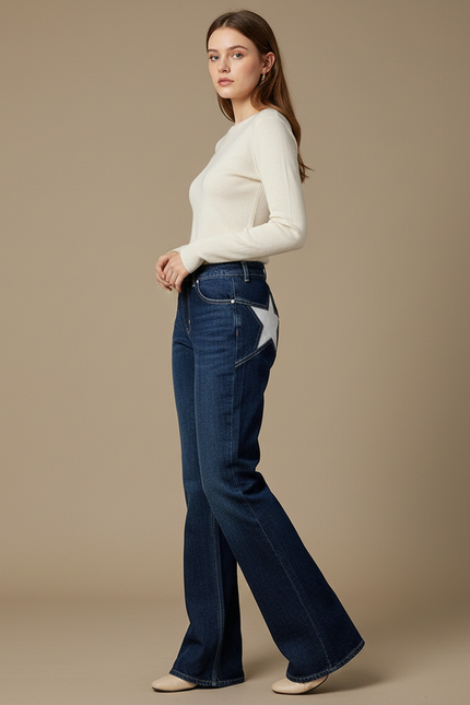 Pantalon Patte D'Éléphant Bleu Denim Étoile Blanche Évasé - Jean