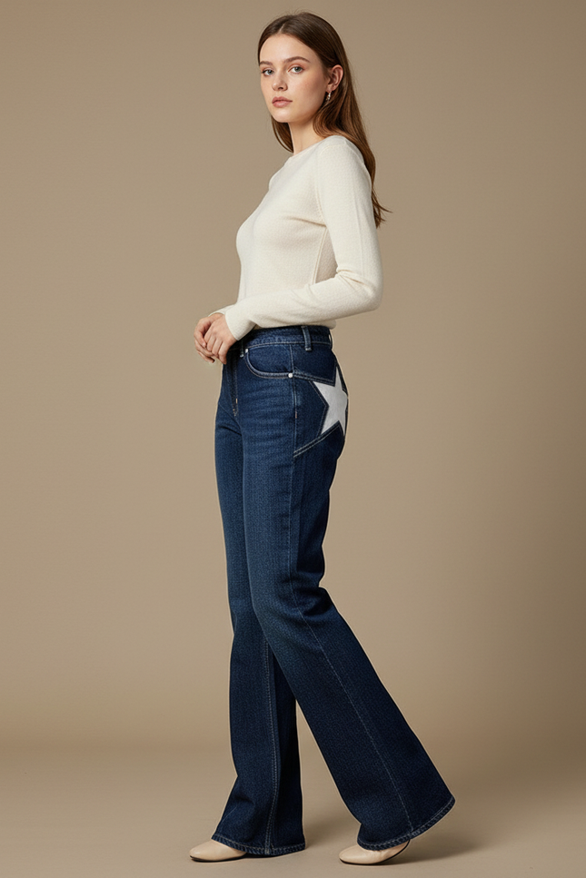 Pantalon Patte D'Éléphant Bleu Denim Étoile Blanche Évasé - Jean