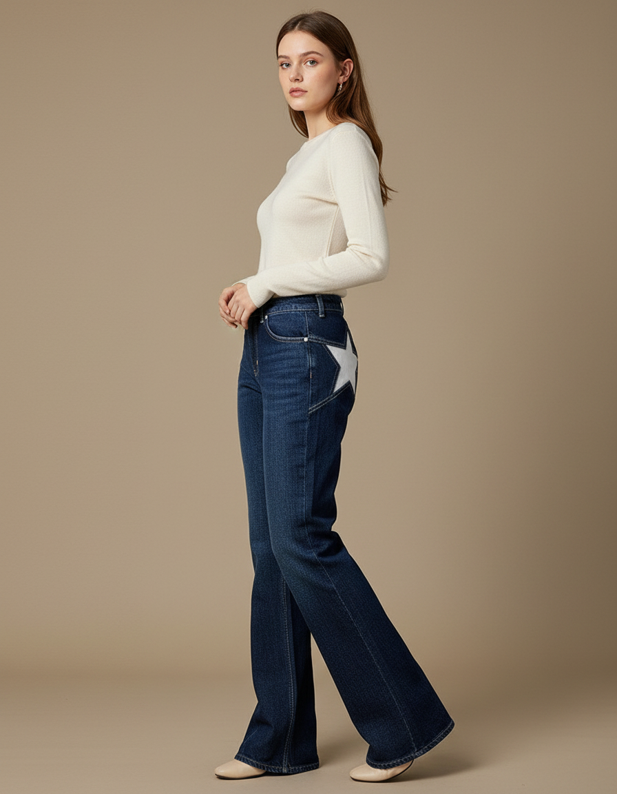 Pantalon Patte D'Éléphant Bleu Denim Étoile Blanche Évasé - Jean