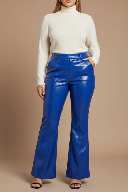 Pantalon Patte D'Éléphant Bleu Brillant Similicuir Taille Haute - Simili cuir