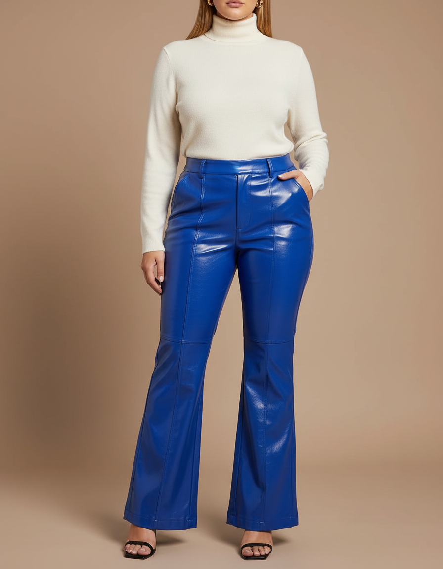 Pantalon Patte D'Éléphant Bleu Brillant Similicuir Taille Haute - Simili cuir