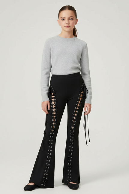 Pantalon Patte D'Éléphant Noir Lacets Oeillets Sexy Évasé - Maille