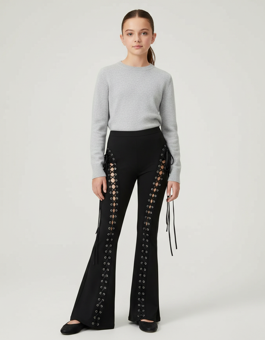Pantalon Patte D'Éléphant Noir Lacets Oeillets Sexy Évasé - Maille
