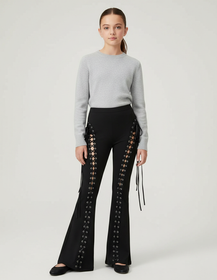 Pantalon Patte D'Éléphant Noir Lacets Oeillets Sexy Évasé - Maille