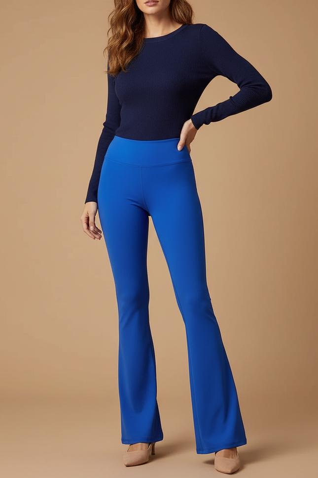 Pantalon Patte D'Éléphant Bleu Royal Taille Haute Fluide Confortable - Polyester