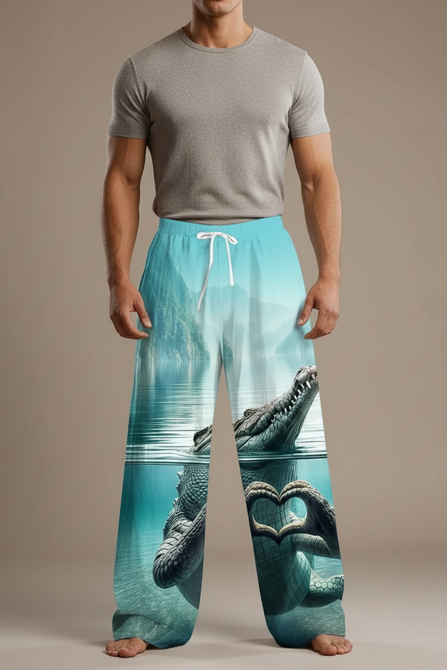 Pantalon Patte D'Éléphant Crocodile Ample Décontracté Aquatique Homme - Bleu Polyester