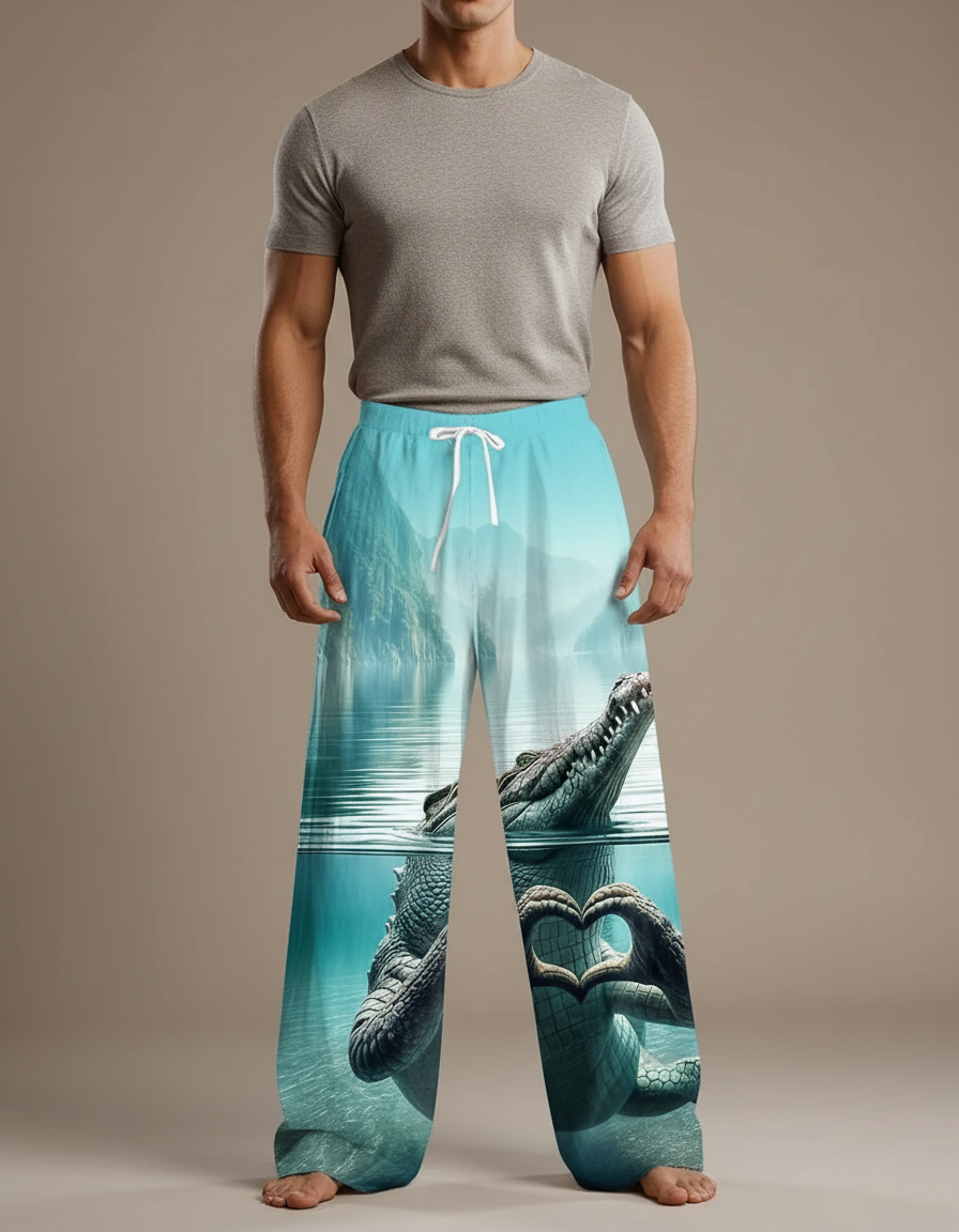 Pantalon Patte D'Éléphant Crocodile Ample Décontracté Aquatique Homme - Bleu Polyester