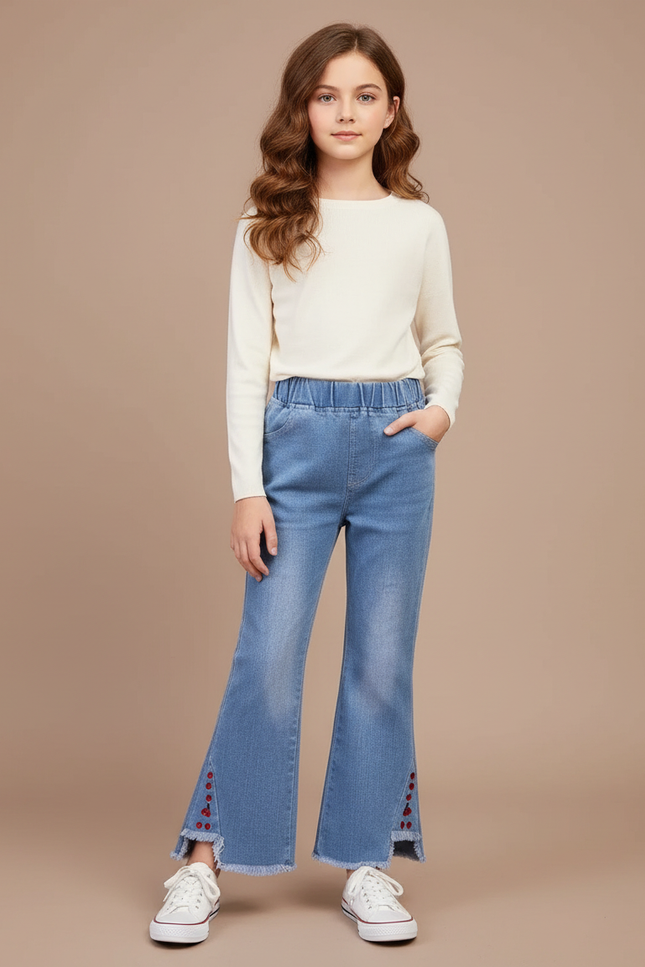 Pantalon Patte D'Éléphant Jean Bleu Frangé Boutons Fille