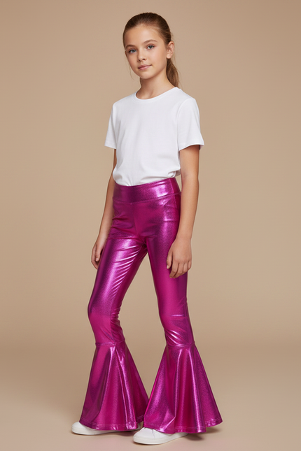 Pantalon Patte D'Éléphant Métallisé Fuchsia Brillant Évasé Fille - Rose Polyester