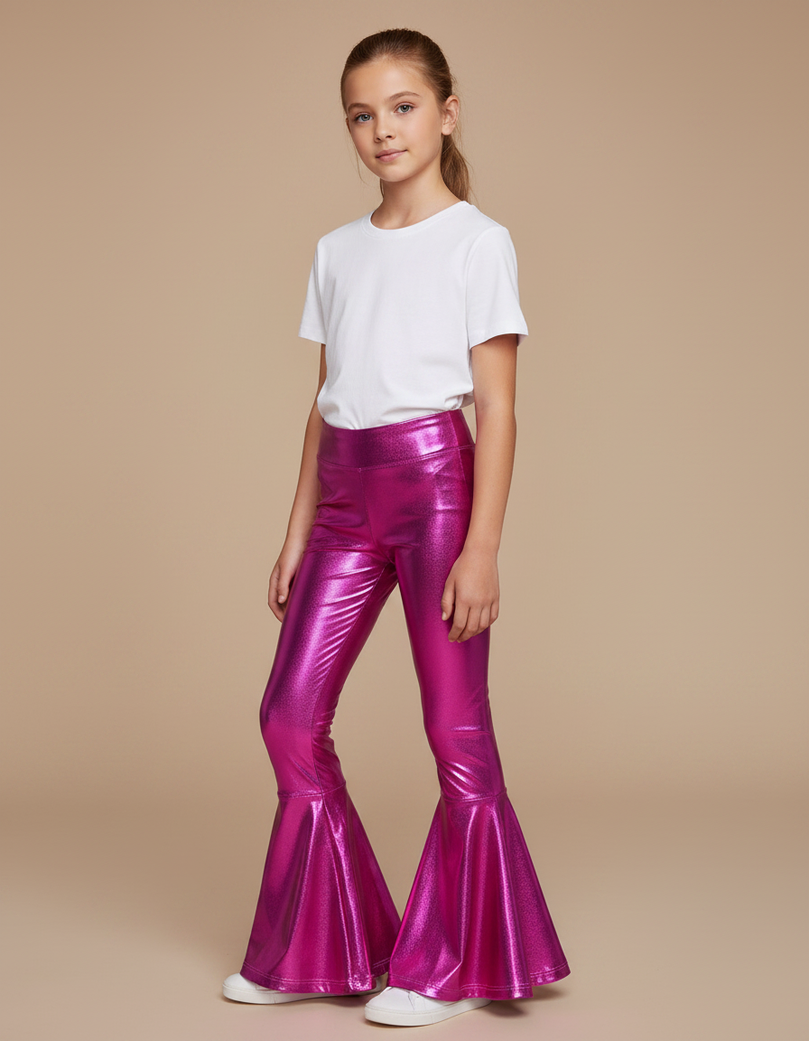 Pantalon Patte D'Éléphant Métallisé Fuchsia Brillant Évasé Fille - Rose Polyester