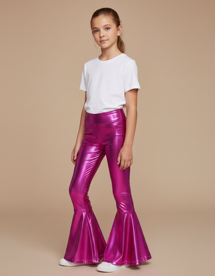 Pantalon Patte D'Éléphant Métallisé Fuchsia Brillant Évasé Fille - Rose Polyester