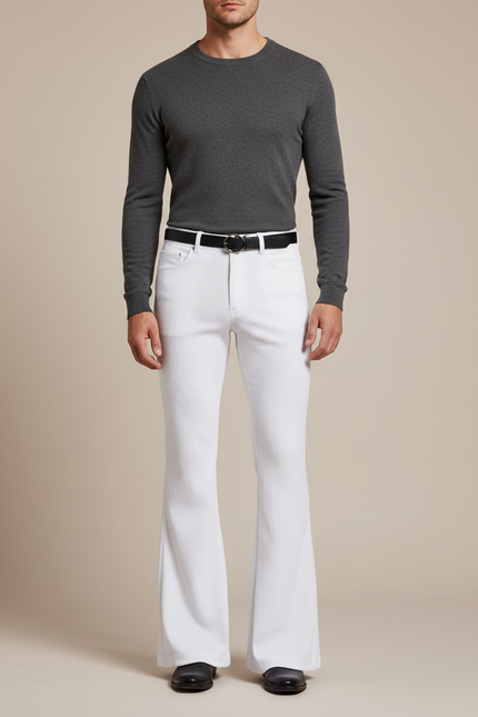 Pantalon Patte D'Éléphant Blanc Côtelé Homme Vintage Confortable - Cordé