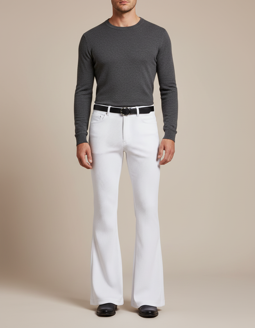 Pantalon Patte D'Éléphant Blanc Côtelé Homme Vintage Confortable - Cordé