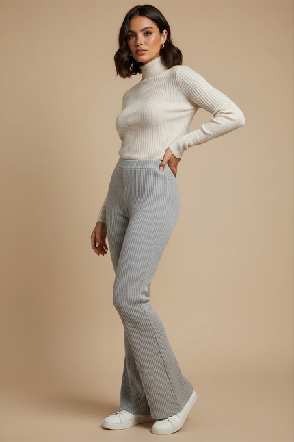 Pantalon Patte D'Éléphant Côtelé Gris Confortable Évasé Femme - Maille