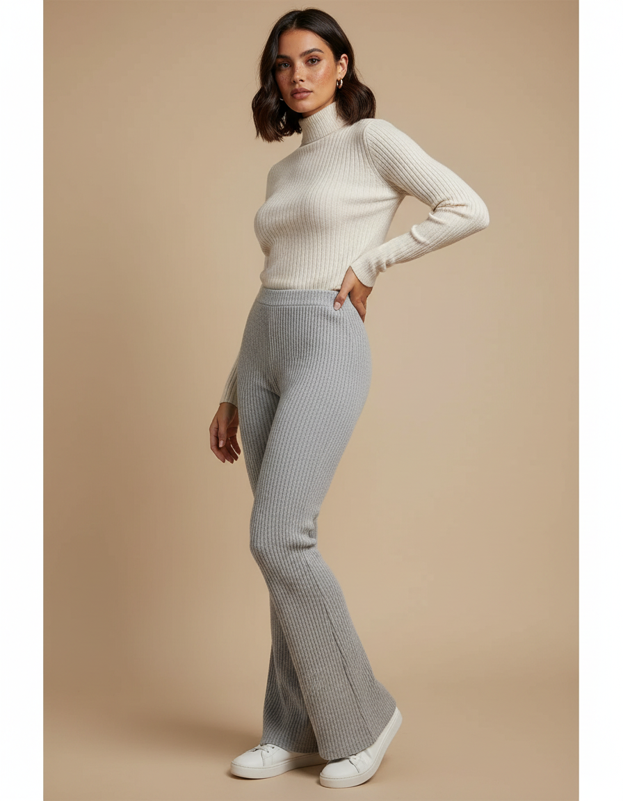 Pantalon Patte D'Éléphant Côtelé Gris Confortable Évasé Femme - Maille