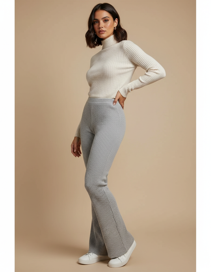Pantalon Patte D'Éléphant Côtelé Gris Confortable Évasé Femme - Maille