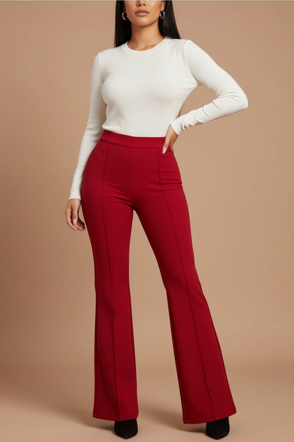 Pantalon Patte D'Éléphant Rouge Élégant Taille Haute Évasé - Polyester