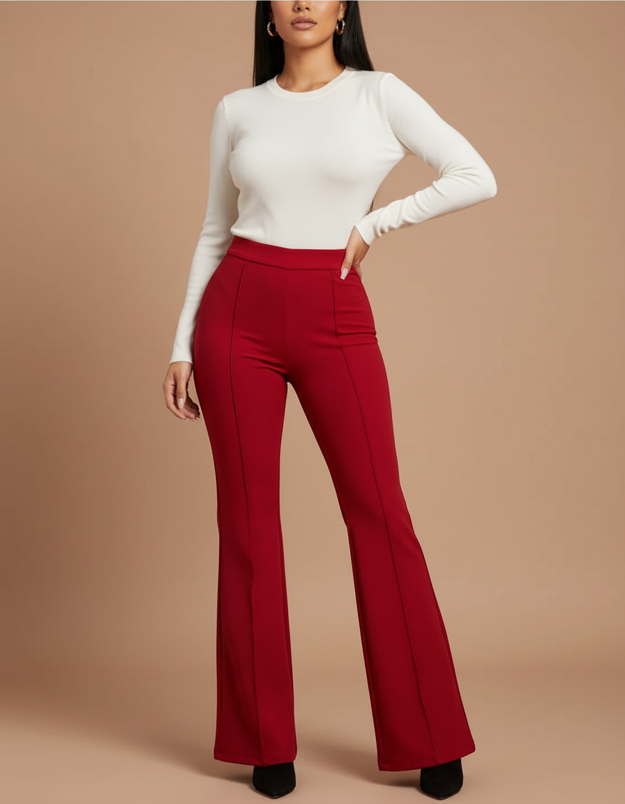 Pantalon Patte D'Éléphant Rouge Élégant Taille Haute Évasé - Polyester
