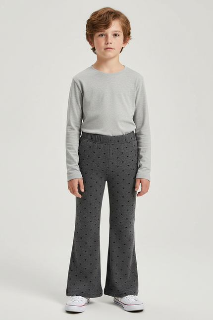 Pantalon Patte D'Éléphant Gris Cœurs Noirs Enfant Confortable - Molleton