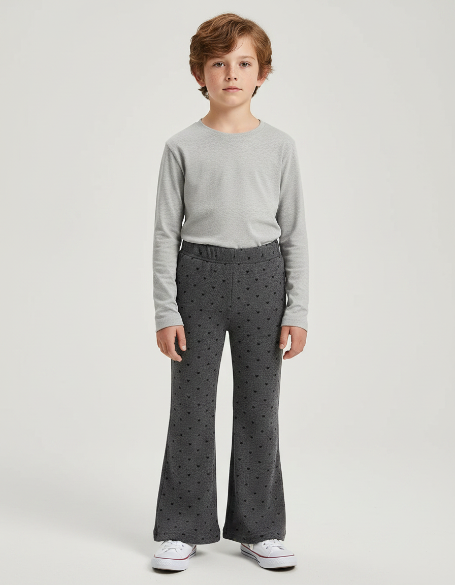 Pantalon Patte D'Éléphant Gris Cœurs Noirs Enfant Confortable - Molleton
