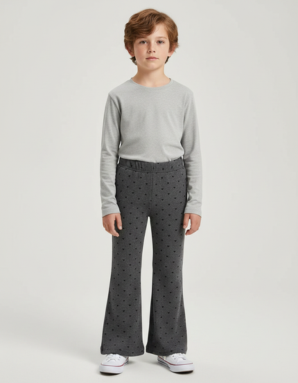 Pantalon Patte D'Éléphant Gris Cœurs Noirs Enfant Confortable - Molleton