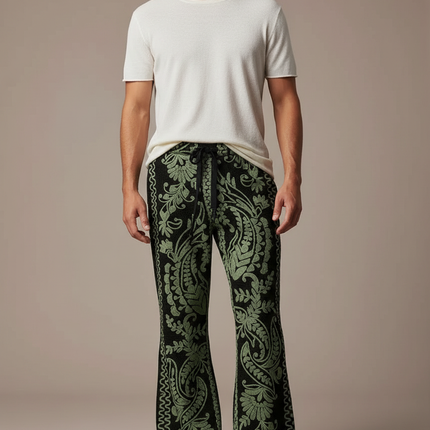 Pantalon Patte D'Éléphant Paisley Vert Noir Flared Homme - Multicolore Maille