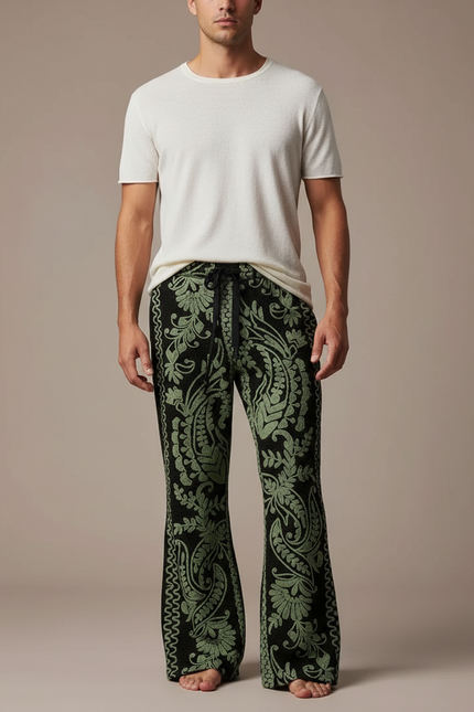 Pantalon Patte D'Éléphant Paisley Vert Noir Flared Homme - Multicolore Maille