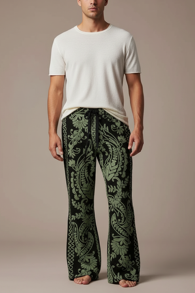 Pantalon Patte D'Éléphant Paisley Vert Noir Flared Homme - Multicolore Maille