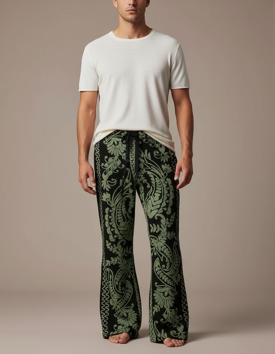 Pantalon Patte D'Éléphant Paisley Vert Noir Flared Homme - Multicolore Maille