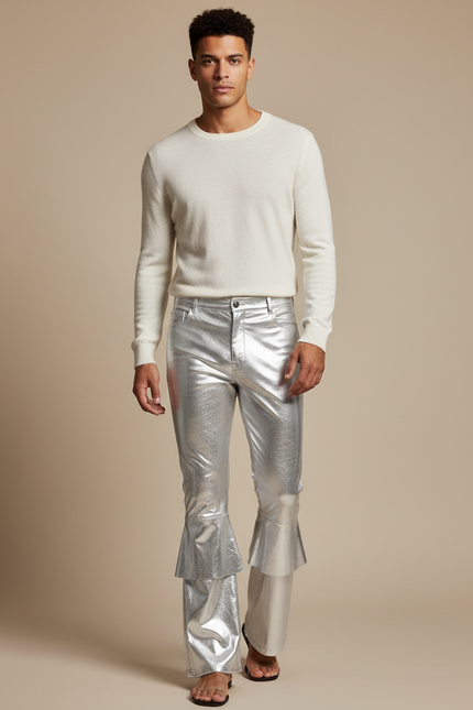Pantalon Patte D'Éléphant Argent Brillant Métallique Évasé Homme - Argenté Simili cuir