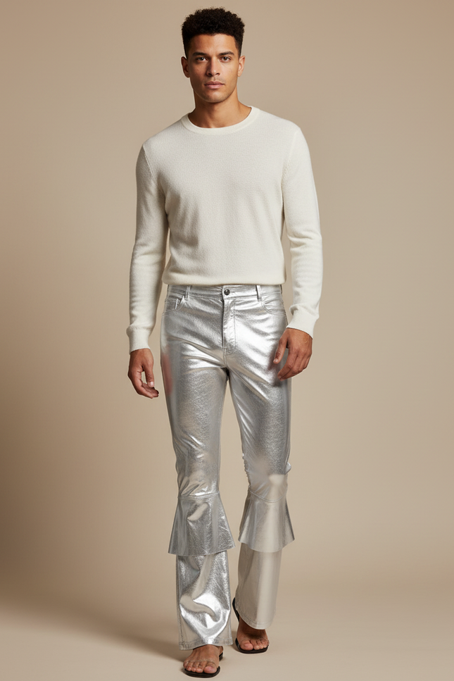 Pantalon Patte D'Éléphant Argent Brillant Métallique Évasé Homme - Argenté Simili cuir