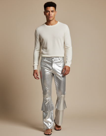Pantalon Patte D'Éléphant Argent Brillant Métallique Évasé Homme - Argenté Simili cuir