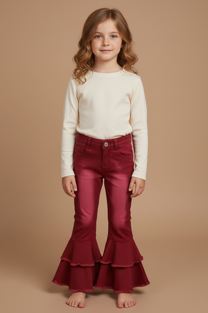 Pantalon Patte D'Éléphant Rouge Volants Denim Enfant Fille - Bordeaux Jean