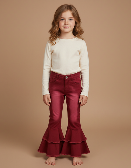 Pantalon Patte D'Éléphant Rouge Volants Denim Enfant Fille - Bordeaux Jean