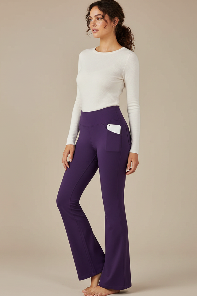 Pantalon Patte D'Éléphant Violet Taille Haute Poches Évasé Élégant - Polyester