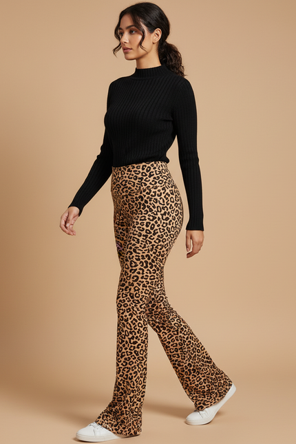 Pantalon Patte D'Éléphant Léopard Taille Haute Fluide Confortable - Imprimé Maille