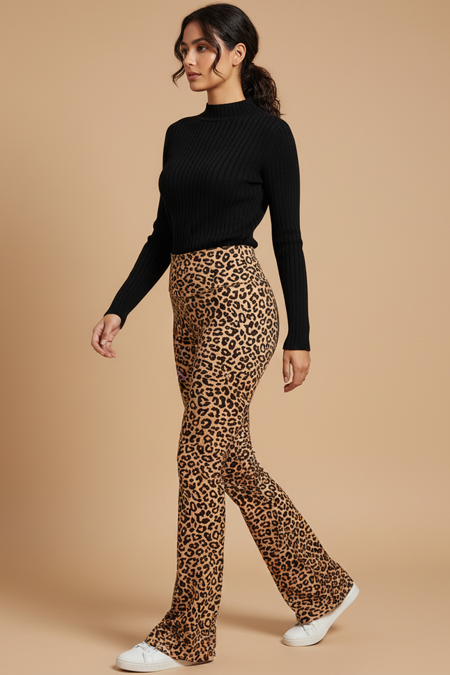 Pantalon Patte D'Éléphant Léopard Taille Haute Fluide Confortable - Imprimé Maille