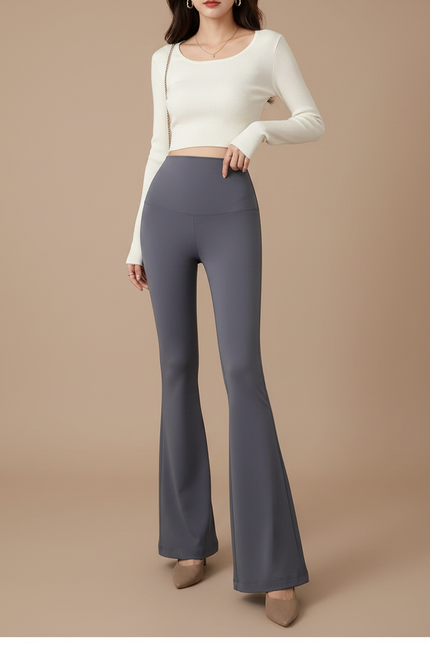 Pantalon Patte D'Éléphant Gris Taille Haute Fluide Confortable - Polyester