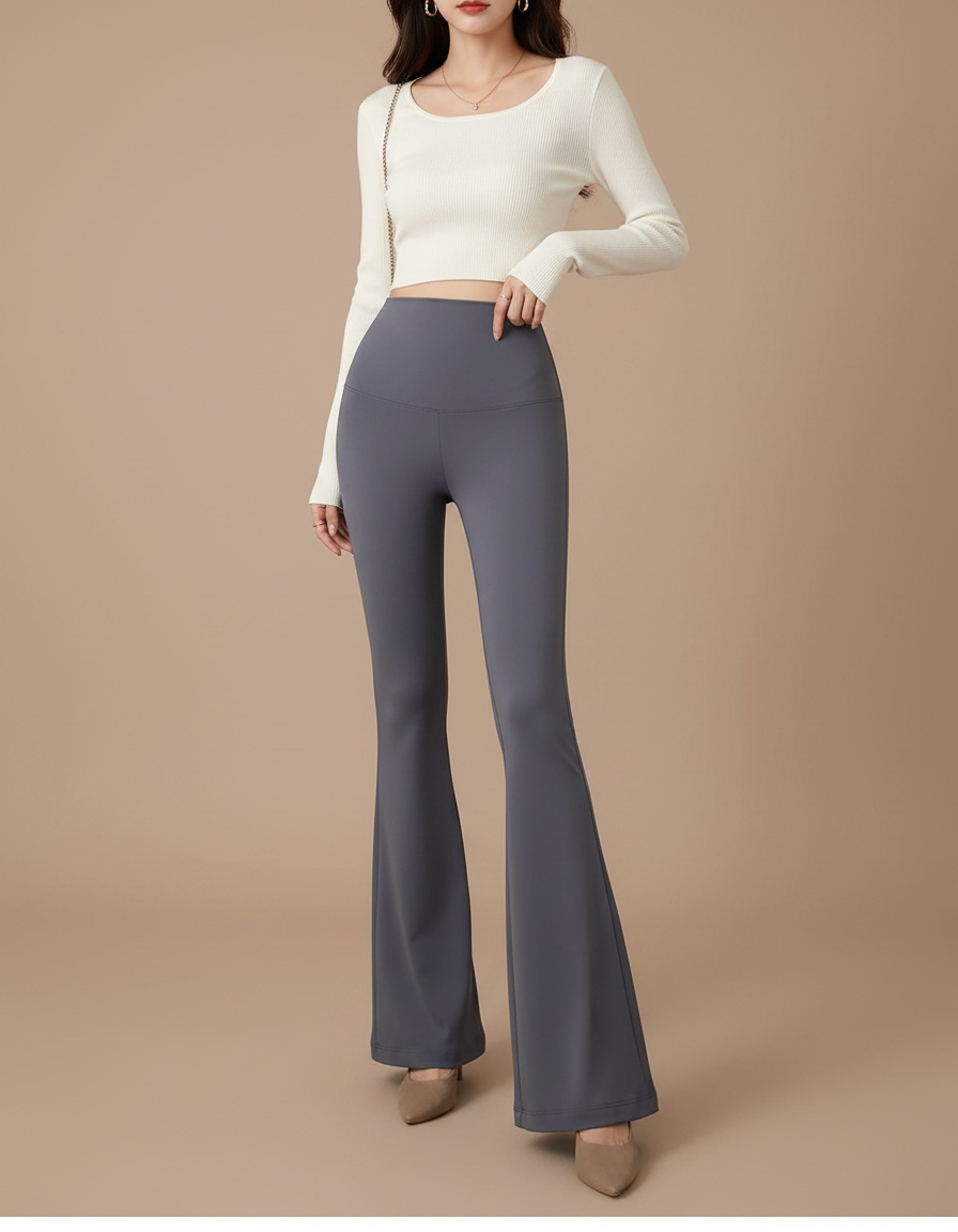 Pantalon Patte D'Éléphant Gris Taille Haute Fluide Confortable - Polyester